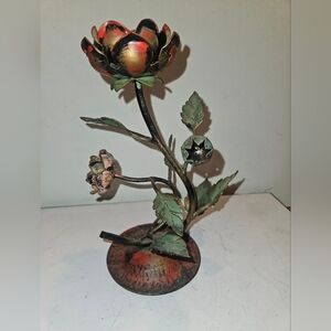 Antique Metallic Toleware Rose Floral Candle Holder